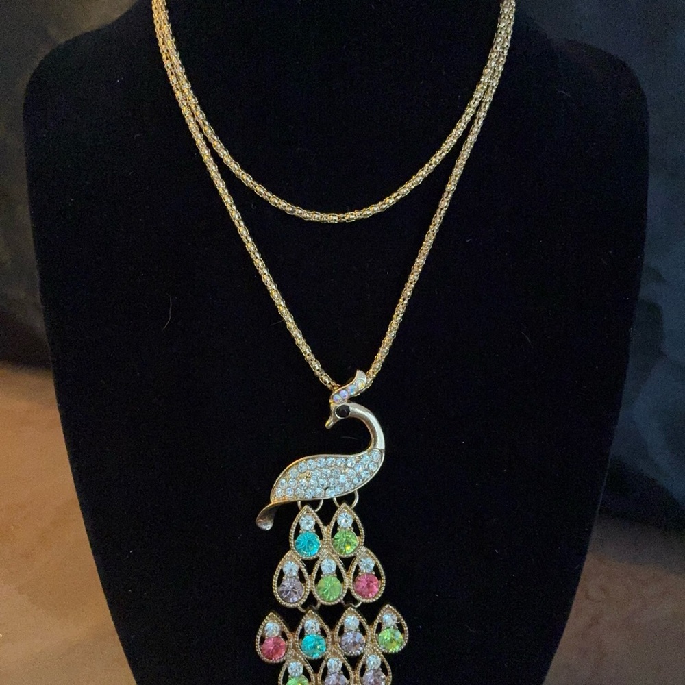 Elegant Multicolor Peacock Pendant Necklace.  Necklace chain is long.